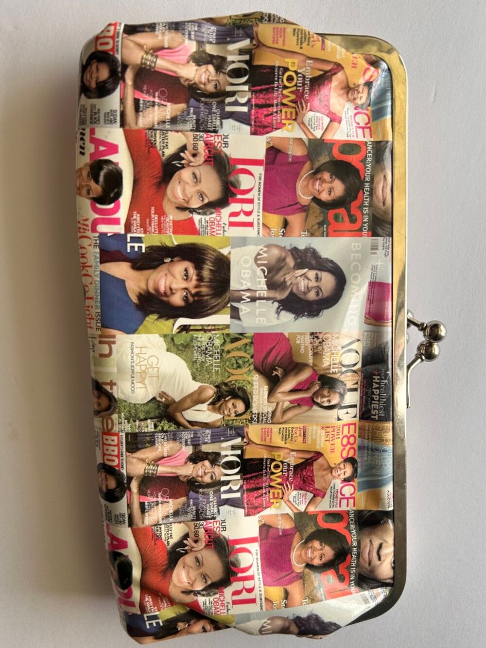 Michelle Obama Magazine Cover Clutch Purse Kiss Lock Wallet Statement Bag
